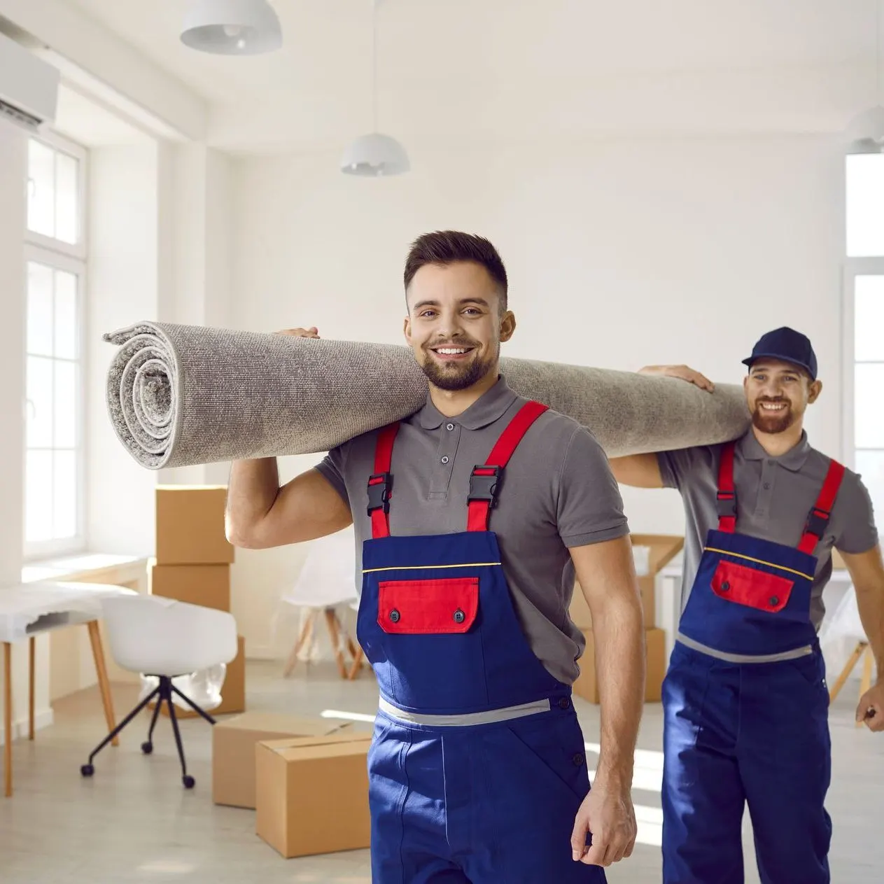 Two smiling movers in overalls carrying a rolled carpet through an office